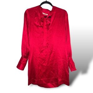 Nili Lotan Red Silk Satin Tie Front Dress 100% Luxe Long Sleeve Women's Small